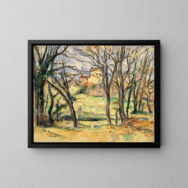 Træer og huse nær Jas de Bouffan - Paul Cézanne — indrammet kunstværk på væggen