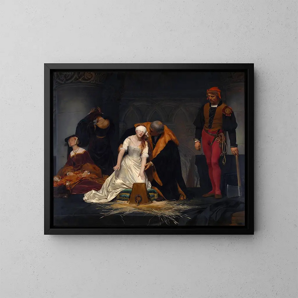 L'exécution af Lady Jane Grey ved Tower of London i 1554 - Paul Delaroche — indrammet kunstværk på væggen