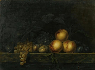 Paul Ligeois - Still life with peaches plums grapes and figs on a marble ledge.webp