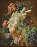 Naturstilleben med lys, valmuer, blommer, meloner og druer på en kant med insekter - Paul Theodor van Brussel — visning af kunstværket