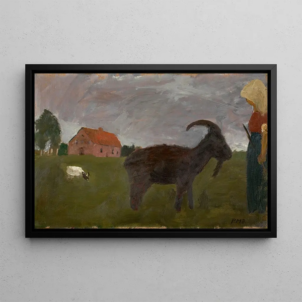 Landmandsmaleri med to geder foran gården - Paula Modersohn-Becker — indrammet kunstværk på væggen