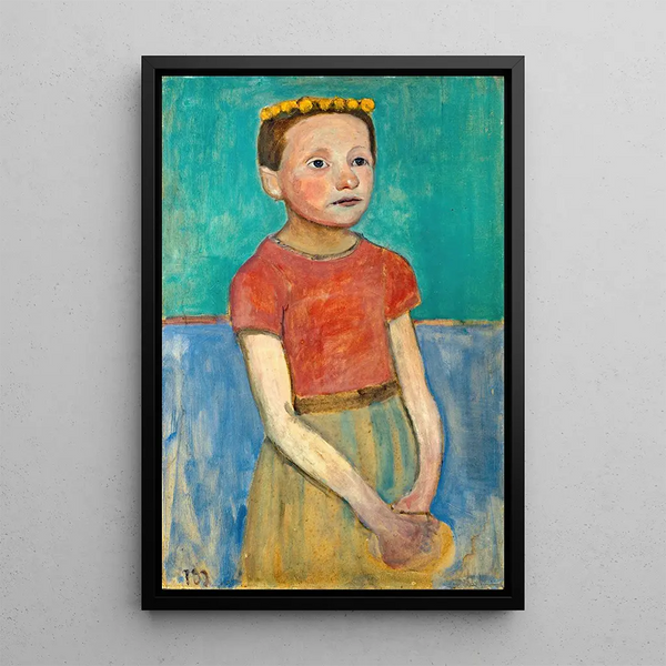 Demi-figur af en pige med en gul krone i håret - Paula Modersohn-Becker — indrammet kunstværk på væggen