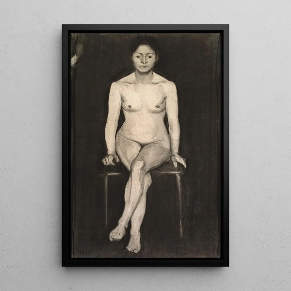 Kvindeligt nøgen sidende maleri - Paula Modersohn-Becker — indrammet kunstværk på væggen