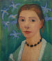 Selvportræt foran en grøn baggrund med en blå iris - Paula Modersohn-Becker — visning af kunstværket