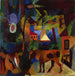 Landskab med køer, en sejlskib og figurer - August Macke — vist i et interiør