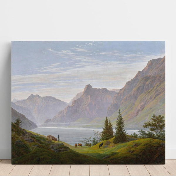 Reproduktion af maleriet Landskabsmaleri med bjergsø, morgen - Caspar David Friedrich