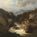 Landskabsmaleri med bjerglandskab med jæger ved bredden af en brusende flod - Leonhard Rausch — vist i et interiør