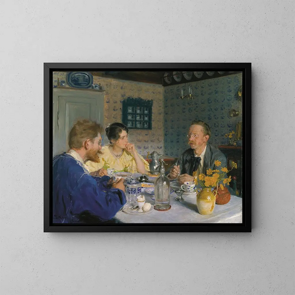 En lille morgenmad, kunstneren, hans kone og forfatteren Otto Benzon - Peder Severin Krøyer — indrammet kunstværk på væggen