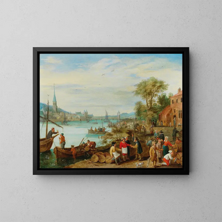 Peeter Gysels - A river landscape with a harbour scene.webp