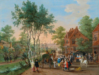 Peeter Gysels - Elegant travellers visiting a village by a river.webp