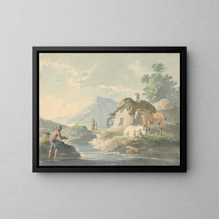 Peter La Cave - Rustic Scene man fishing left cottage with watermill and horses right.webp
