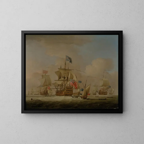 Men of War og en Sloop - Peter Monamy — indrammet kunstværk på væggen