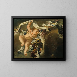 Peter Strudel - Putto mit Blumengewinde und Spruchband.webp