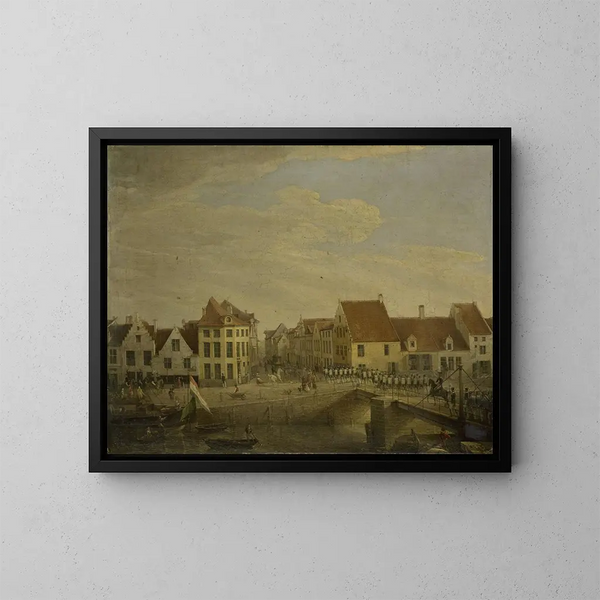 hollandske tropper, der krydser Dendermonde-fæstningen - Petrus Christus — indrammet kunstværk på væggen