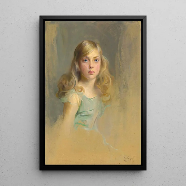 Portrait af den ærede Esme Mary Gabrielle Harmsworth, kommende grevinde Cromer, i alderen ni år - Philip Alexius de László — indrammet kunstværk på væggen