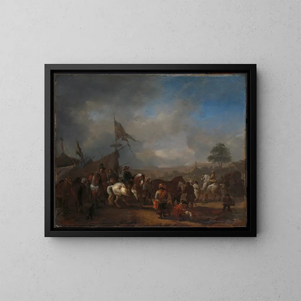 En hesteudstilling nær en militærlejr - Philips Wouwerman — indrammet kunstværk på væggen