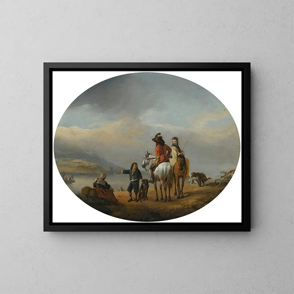 En dame og en herre til hest vist ved en færge, der nærmer sig, af en ung pages - Philips Wouwerman — indrammet kunstværk på væggen