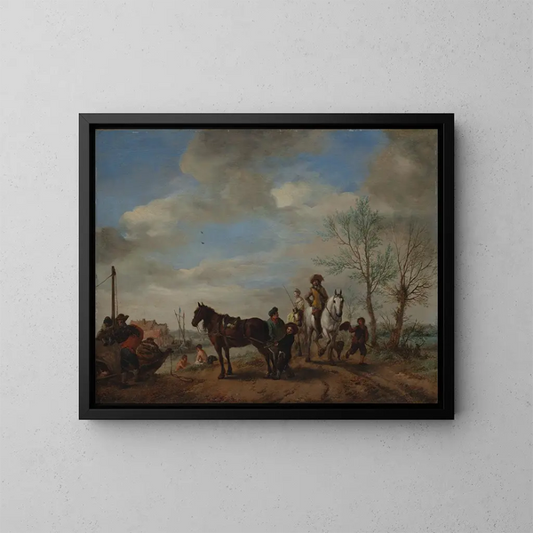 En mand og en kvinde til hest - Philips Wouwerman — indrammet kunstværk på væggen