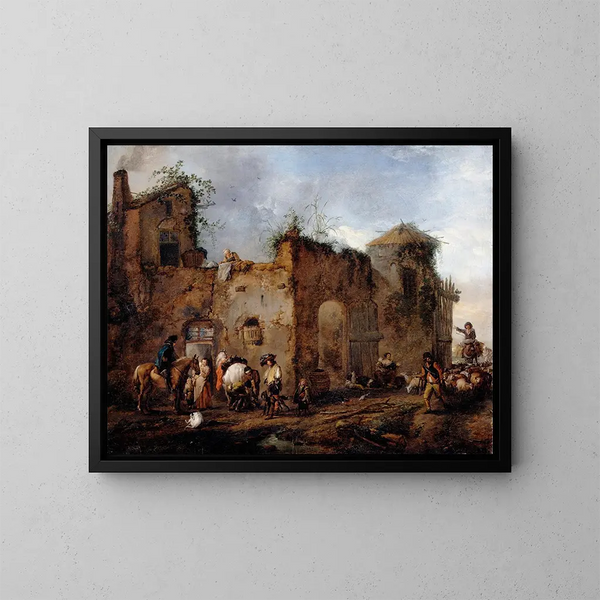Hjørne med en smed, der skoer en hest - Philips Wouwerman — indrammet kunstværk på væggen
