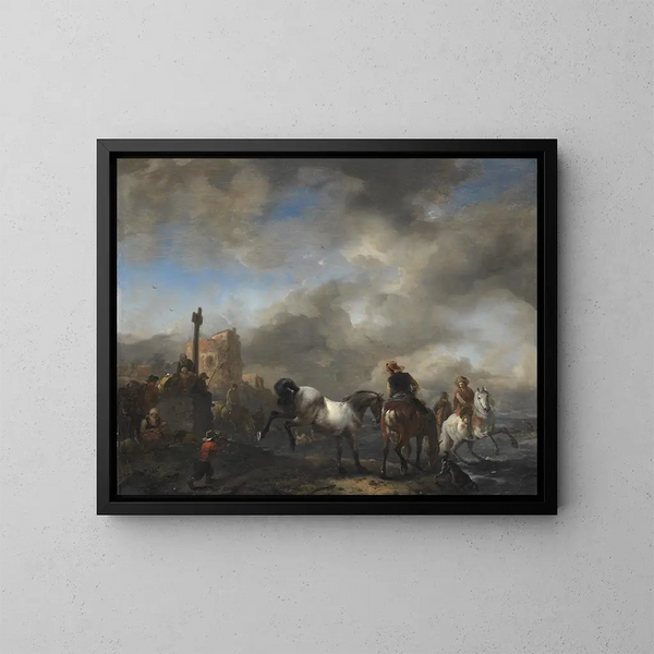 en sø med heste nær en grænne sten - Philips Wouwerman — indrammet kunstværk på væggen