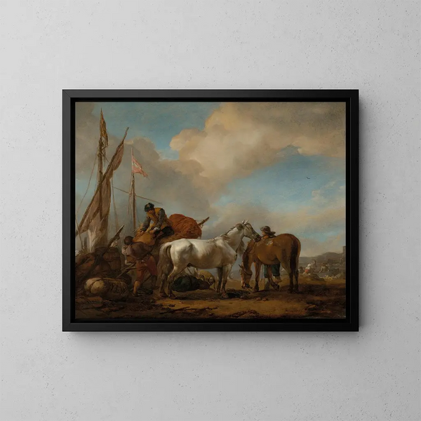 Heste i et landskab med figurer, der læsser sække på en båd - Philips Wouwerman — indrammet kunstværk på væggen