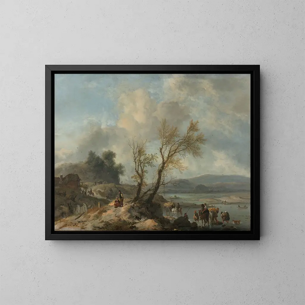 Landskabsmaleri med en sandsti ved bredden af en flod - Philips Wouwerman — indrammet kunstværk på væggen