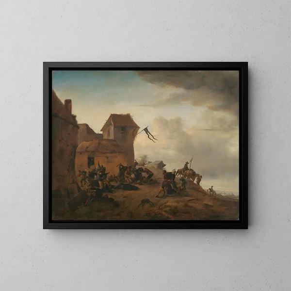 Landsbybeboere, der kæmper nær en landsby - Philips Wouwerman — indrammet kunstværk på væggen