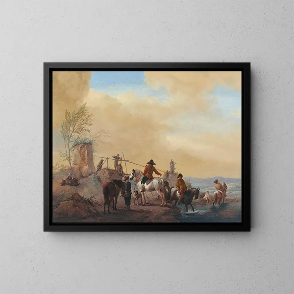 Cavaliers og heste, der hviler ved en flod - Philips Wouwerman — indrammet kunstværk på væggen