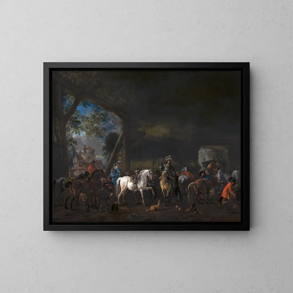 L'Arrivée til stalden - Philips Wouwerman — indrammet kunstværk på væggen