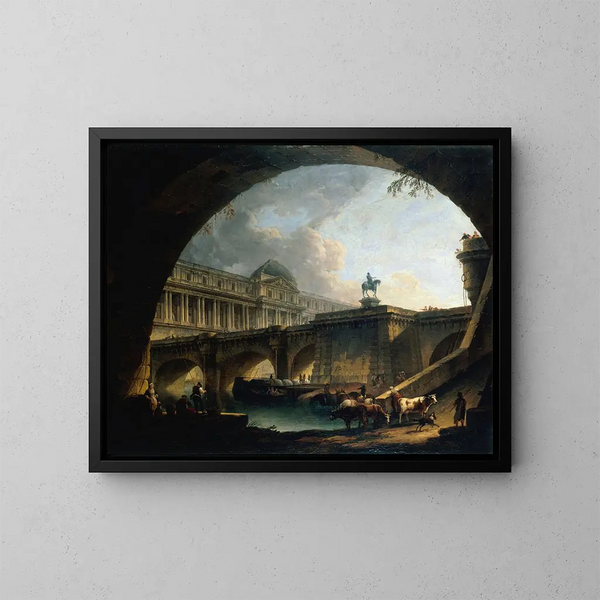 et arkitektonisk maleri af et palads inspireret af Louvre og Pont Neuf, indrammet i buen af en bro - Pierre-Antoine Demachy — indrammet kunstværk på væggen
