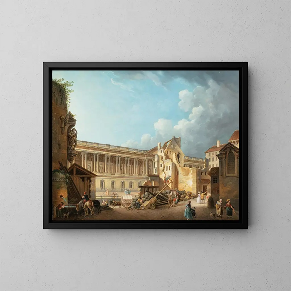 Louvre-kolonnadens åbning under nedrivningen af ruinerne af Hôtel du Petit Bourbon - Pierre-Antoine Demachy — indrammet kunstværk på væggen
