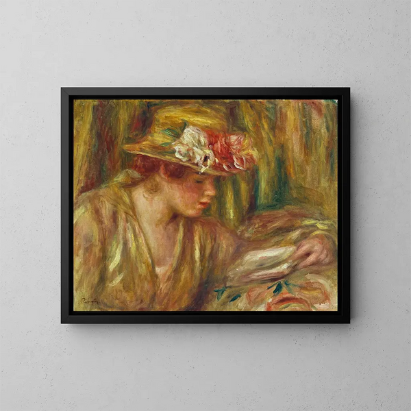 Buste af kvinde i hat, der læser med hovedet vendt mod højre - Pierre-Auguste Renoir — indrammet kunstværk på væggen