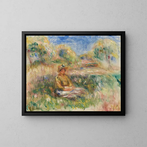 Kvinde siddende i et landskab - Pierre-Auguste Renoir — indrammet kunstværk på væggen