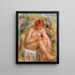 Kvindeligt nøgenmaleri siddende set fra tre fjerdedele, badende - Pierre-Auguste Renoir — indrammet kunstværk på væggen