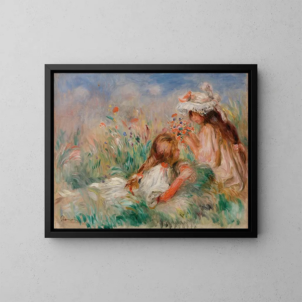 Filles i græsset, der arrangerer en buket - Pierre-Auguste Renoir — indrammet kunstværk på væggen