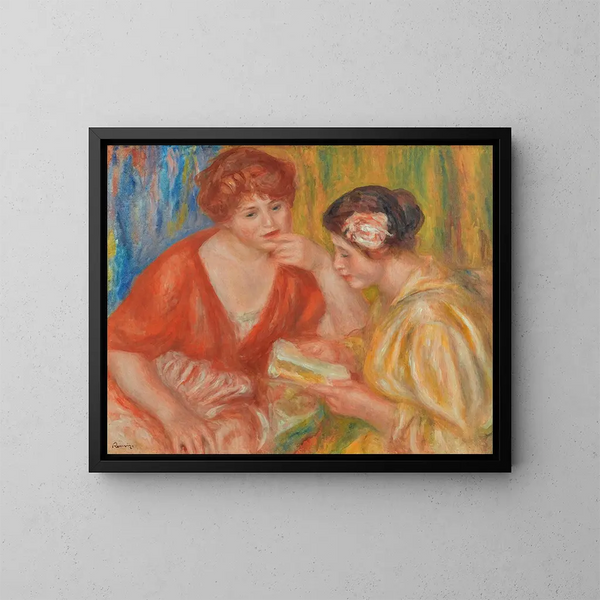 La Lecture. To kvinder med røde og lyserøde bluser - Pierre-Auguste Renoir — indrammet kunstværk på væggen