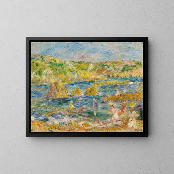 Rochers de Guernesey med personer på stranden i Guernesey - Pierre-Auguste Renoir — indrammet kunstværk på væggen