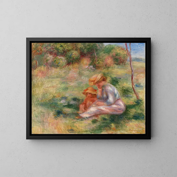Kvinde og barn i græsset - Pierre-Auguste Renoir — indrammet kunstværk på væggen
