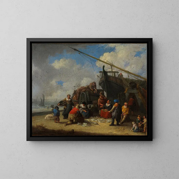 Marché aux poissons sur la plage - Pieter Bout — indrammet kunstværk på væggen
