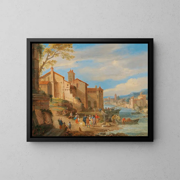 Le port de Ripa Grande à Rome avec des marchands en conversation - Pieter Bout — indrammet kunstværk på væggen