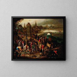 En fiskemarked foran en by ved vandet - Pieter Brueghel III — indrammet kunstværk på væggen