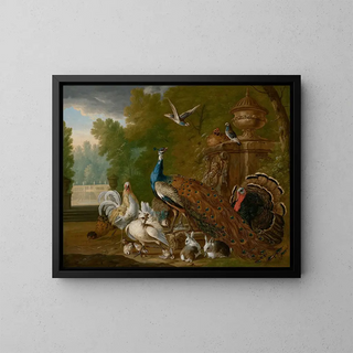 Pieter Casteels III - A peacock turkey cockerel hen pigeons other birds and rabbits in a park landscape.webp