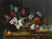 Blomsterblandinger i en kurv ved siden af ferskner på et bord, et landskab i baggrunden - Pieter Casteels III — visning af kunstværket