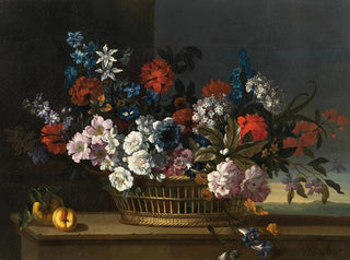 Pieter Casteels III - Mixed flowers in a basket beside peaches on a table a landscape beyond.webp