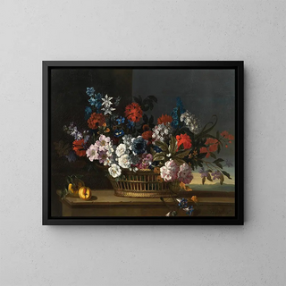 Pieter Casteels III - Mixed flowers in a basket beside peaches on a table a landscape beyond.webp