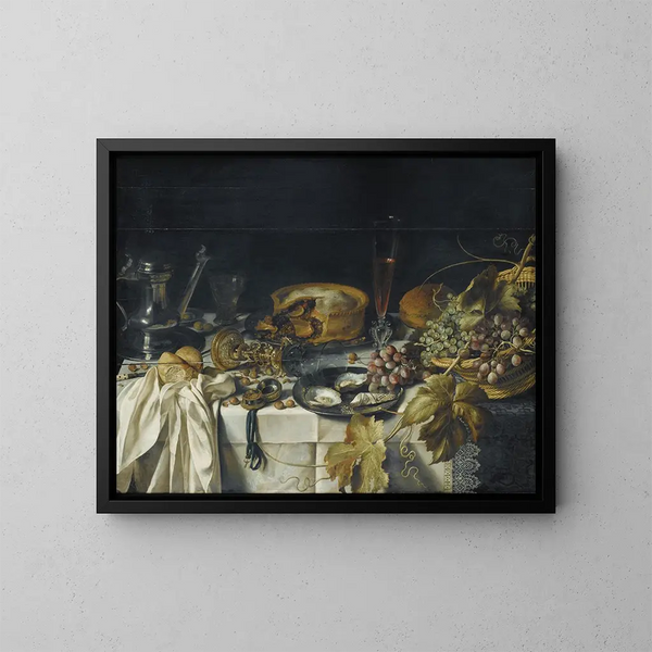 Natur Mort med en kurv med druer, en tinpibe og et ur - Pieter Claesz — indrammet kunstværk på væggen