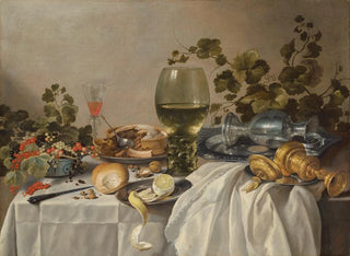 Pieter Claesz - Ontbijt of silver and glassware on a draped table with vines fruits and baked goods.webp