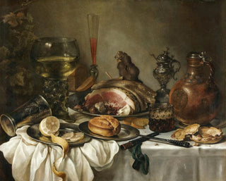 Pieter Claesz - Still Life Of A Roemer An Earthenware Jug An Overturned Silver Beaker A Ham And Other Objects Arranged Upon A Draped Table Top.webp
