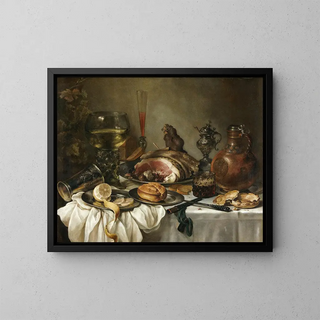 Pieter Claesz - Still Life Of A Roemer An Earthenware Jug An Overturned Silver Beaker A Ham And Other Objects Arranged Upon A Draped Table Top.webp