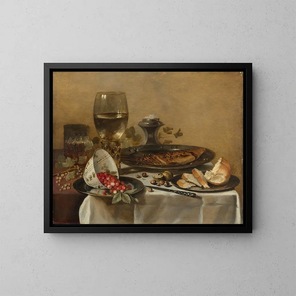naturtro med røget sild, nødder, hvide stikkelsbær og vilde jordbær - Pieter Claesz — indrammet kunstværk på væggen